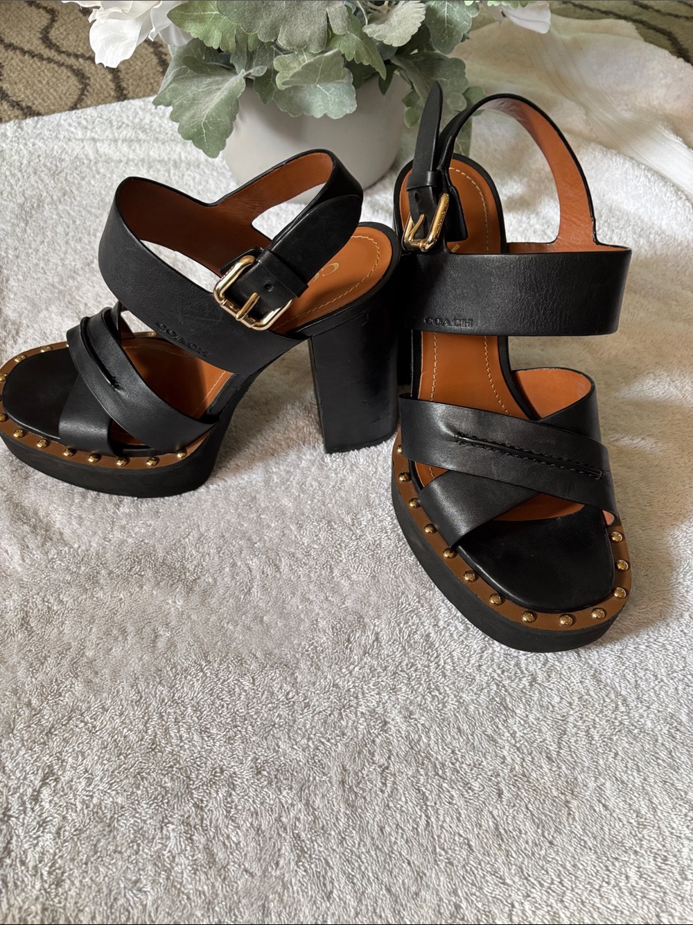 Coach Black Leather Studded Block Heel Sandals